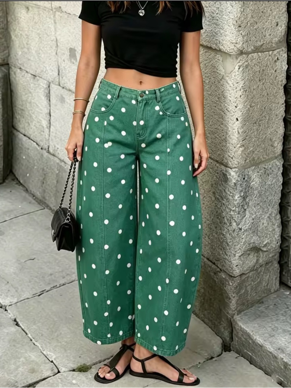 Polka dot green denim jeans balloon Y2K